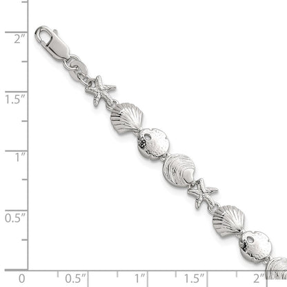 Sterlingsilber Poliert Strukturiert Seestern und Meer Muschel 7.25 Zoll Armband