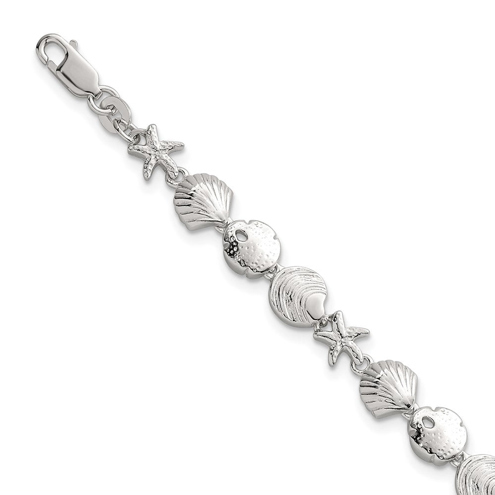 Sterlingsilber Poliert Strukturiert Seestern und Meer Muschel 7.25 Zoll Armband
