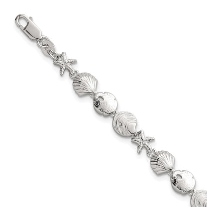 Sterlingsilber Poliert Strukturiert Seestern und Meer Muschel 7.25 Zoll Armband