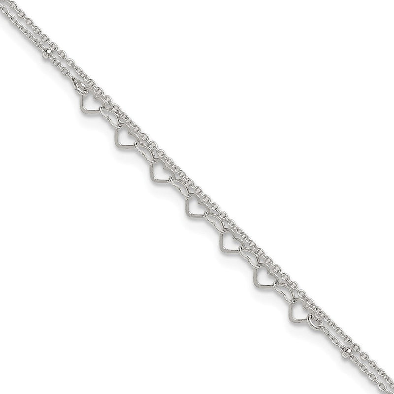 Sterlingsilber Poliert und Gekugelt Herzen 2-strand 9 Zoll Plus 1 Zoll Verlängerung Fußkettchen