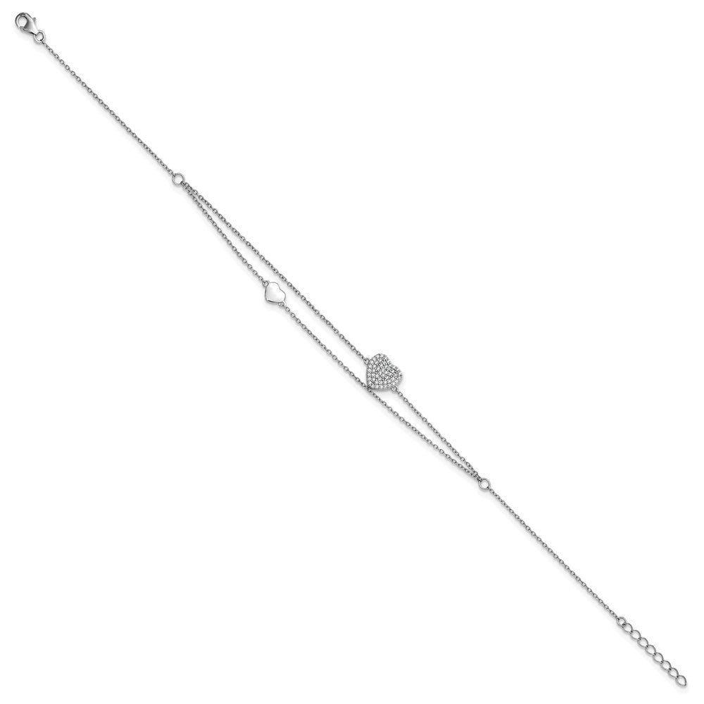 Sterlingsilber Rhodiniert Zwei-strand Zirkonia Herzen 9 Zoll Plus 1 Zoll Verlängerung Fußkettchen