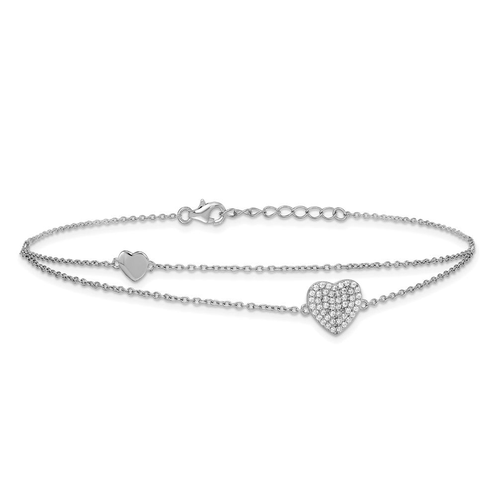 Sterlingsilber Rhodiniert Zwei-strand Zirkonia Herzen 9 Zoll Plus 1 Zoll Verlängerung Fußkettchen