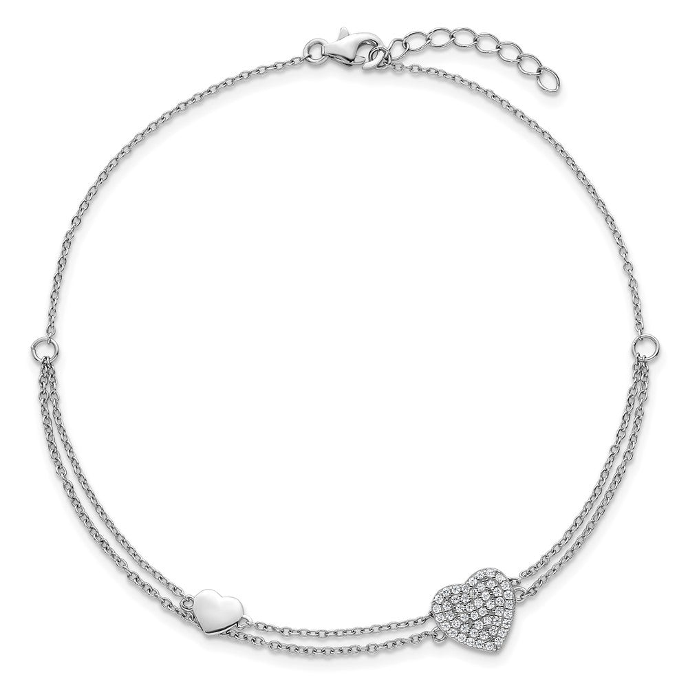 Sterlingsilber Rhodiniert Zwei-strand Zirkonia Herzen 9 Zoll Plus 1 Zoll Verlängerung Fußkettchen