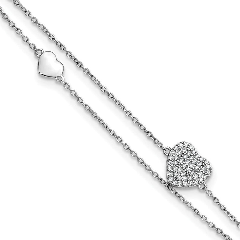 Sterlingsilber Rhodiniert Zwei-strand Zirkonia Herzen 9 Zoll Plus 1 Zoll Verlängerung Fußkettchen
