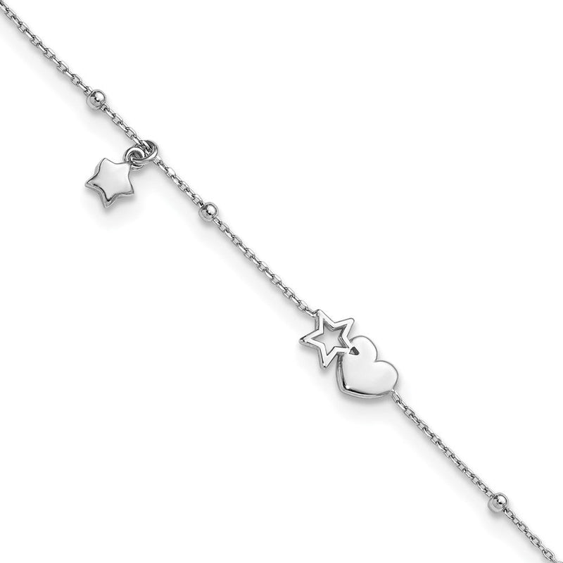 Sterlingsilber Rhodiniert Herz und Sterne mit Stations 9 Zoll Plus 1 Zoll Verlängerung. Fußkettchen