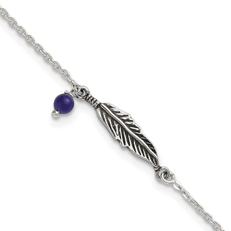 Sterlingsilber Oxidiert Poliert Blau Lapis Perle und Feder 9 Zoll Plus 1 Zoll Verlängerung Ankl