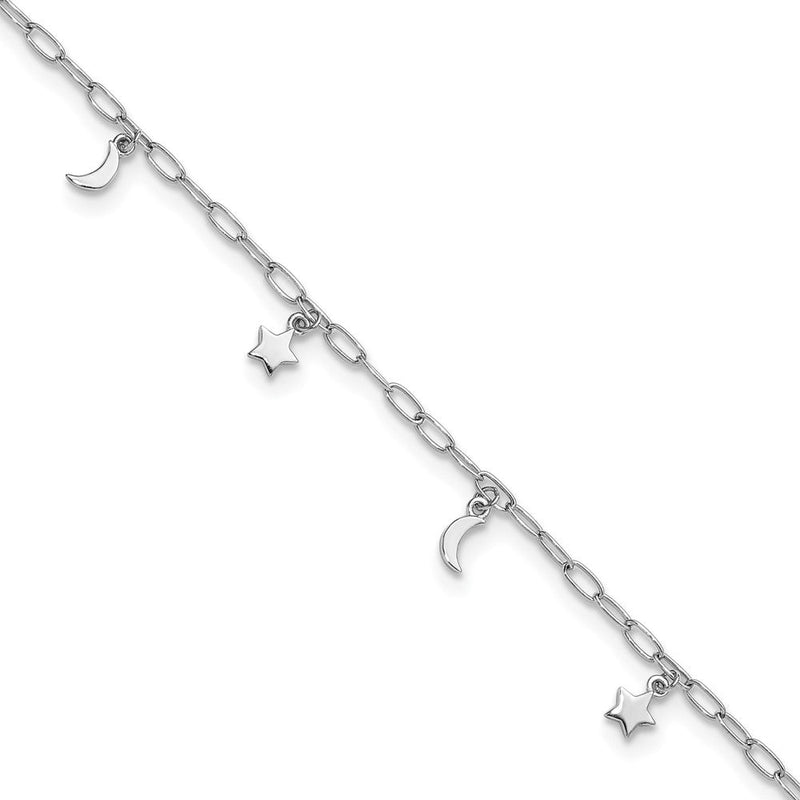 Sterlingsilber Rhodiniert Poliert Mond und Stern 9 Zoll Plus 1 Zoll Verlängerung Fußkettchen