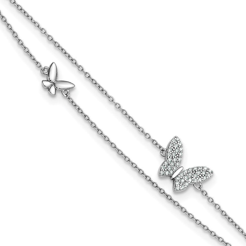 Sterlingsilber Rhodiniert Zwei-strand Zirkonia Butterflies 9 Zoll Plus 1 Zoll Verlängerung Fußkettchen