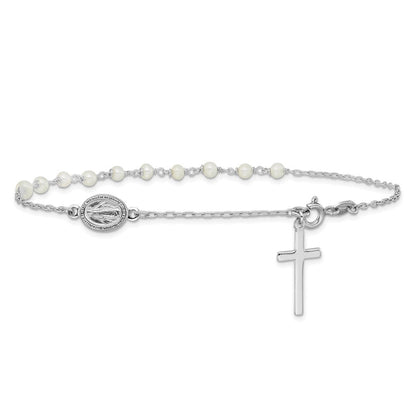 Sterlingsilber Rhodiniert Fwc Perle Kreuz Rosenkranz Themed 10 Zoll Fußkettchen
