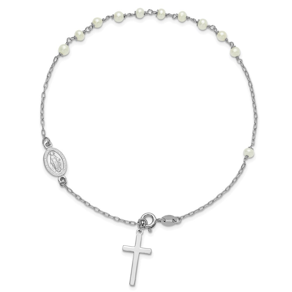 Sterlingsilber Rhodiniert Fwc Perle Kreuz Rosenkranz Themed 10 Zoll Fußkettchen