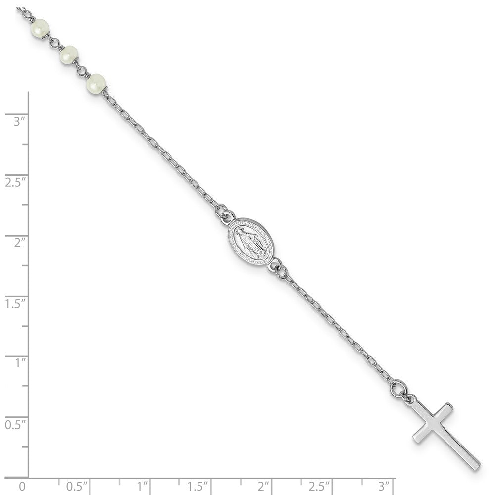 Sterlingsilber Rhodiniert Fwc Perle Kreuz Rosenkranz Themed 10 Zoll Fußkettchen
