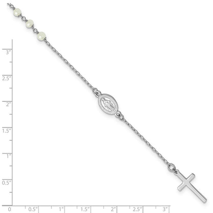 Sterlingsilber Rhodiniert Fwc Perle Kreuz Rosenkranz Themed 10 Zoll Fußkettchen