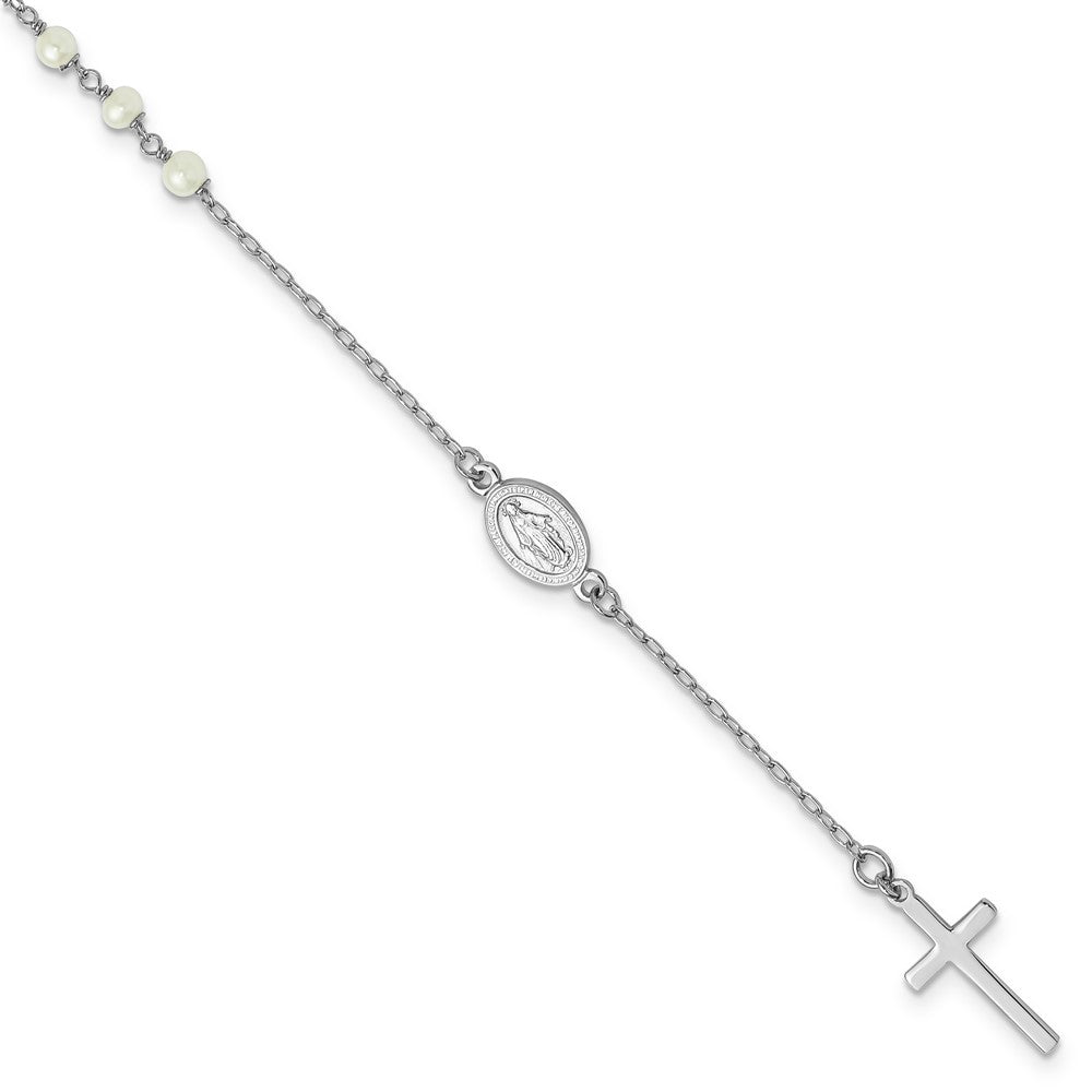 Sterlingsilber Rhodiniert Fwc Perle Kreuz Rosenkranz Themed 10 Zoll Fußkettchen