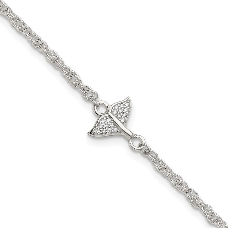 Sterlingsilber Poliert Zirkonia Wal Schwanz 9 Zoll Plus 1 Zoll Verlängerung Fußkettchen