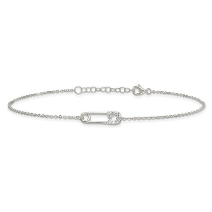 Sterlingsilber Poliert Zirkonia Sicherheits Brosche 9 Zoll Plus 1 Zoll Verlängerung Fußkettchen