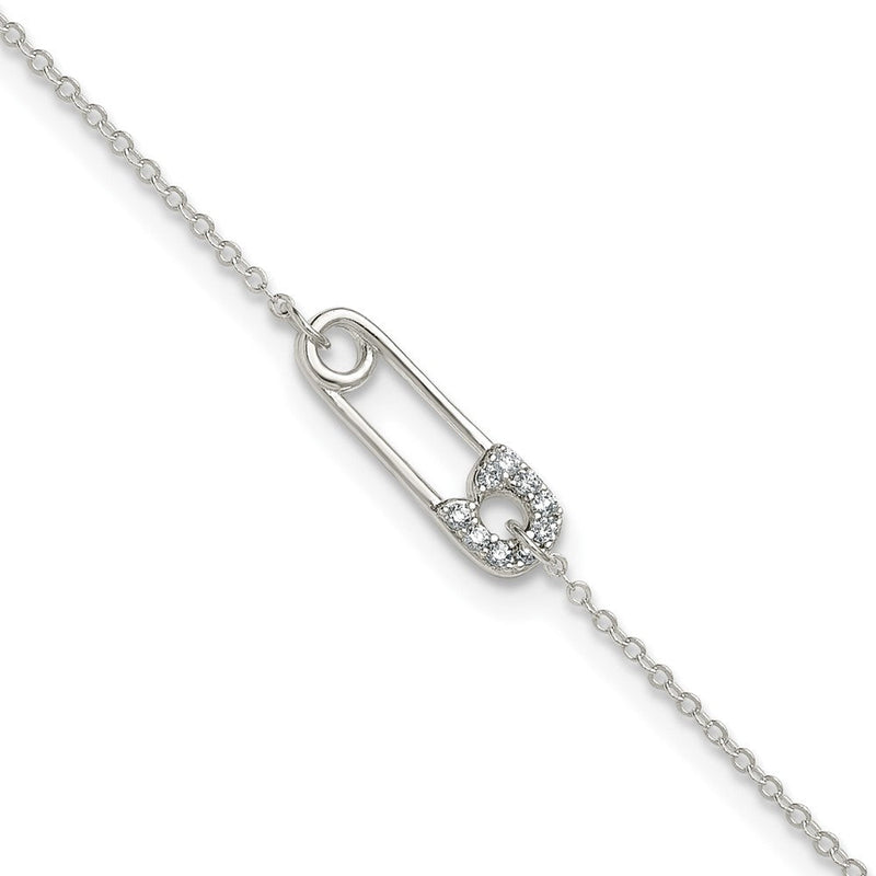 Sterlingsilber Poliert Zirkonia Sicherheits Brosche 9 Zoll Plus 1 Zoll Verlängerung Fußkettchen