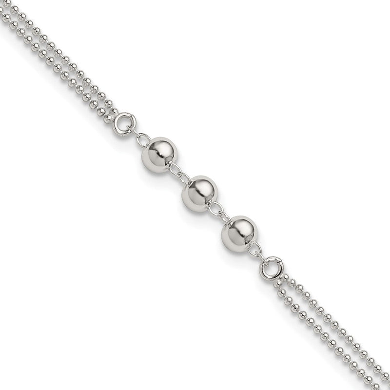 Sterlingsilber Poliert Gekugelt 2-strand 9 Zoll Plus 1 Zoll Verlängerung Fußkettchen
