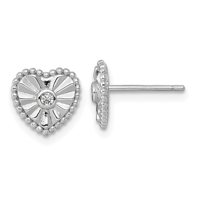 Sterlingsilber Rhodiniert Poliert und Strukturiert Zirkonia Herz Ohrstecker
