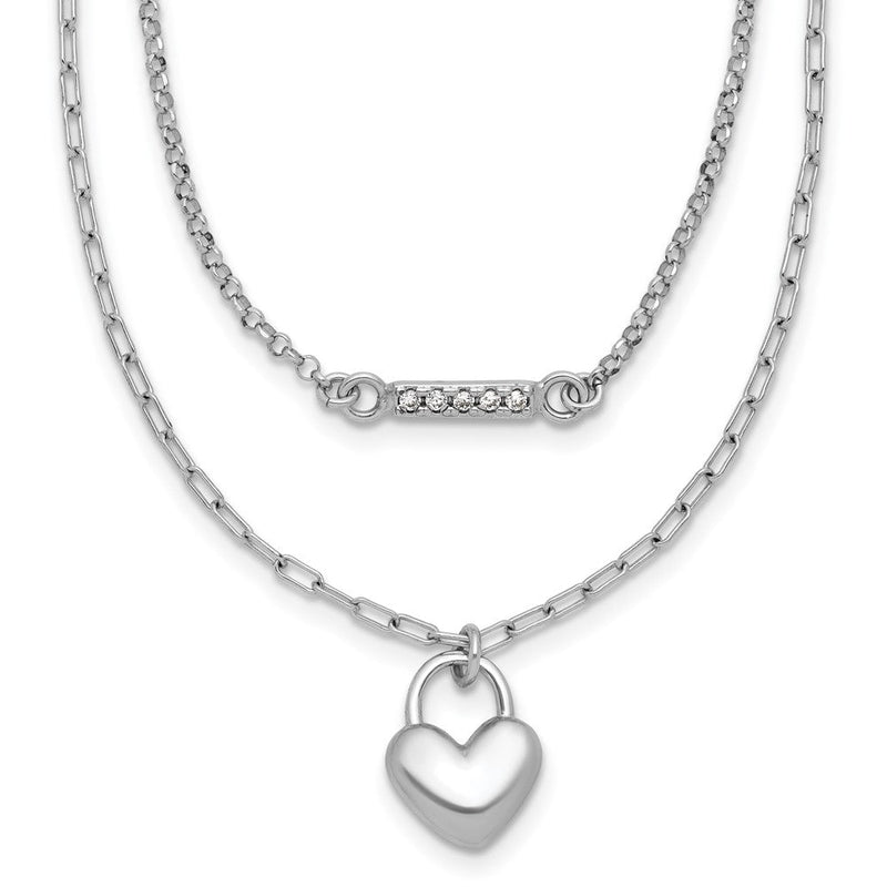 Sterlingsilber Rhodiniert Zirkonia Puff Herz 16 mit 2 Zoll Verlängerung 2-strand Halskette