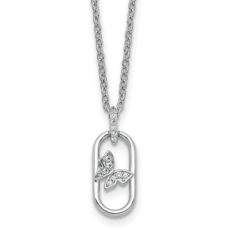 Sterlingsilber Rhodiniert Zirkonia Oval mit Schmetterling 16 Zoll mit 1.5 Zoll Verlängerung Halskette