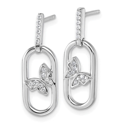 Sterlingsilber Rhodiniert Zirkonia Oval Hängend mit Schmetterling Ohrstecker