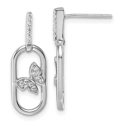 Sterlingsilber Rhodiniert Zirkonia Oval Hängend mit Schmetterling Ohrstecker