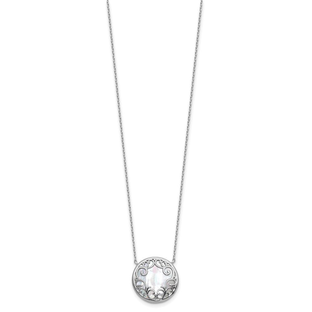 Sterlingsilber Rhodiniert Filigran Perlmutt Kreis 16 Zoll mit 2 Zoll Verlängerung Halskette