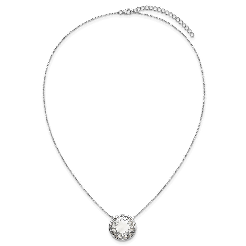 Sterlingsilber Rhodiniert Filigran Perlmutt Kreis 16 Zoll mit 2 Zoll Verlängerung Halskette
