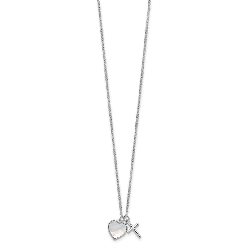 Sterlingsilber Rhodiniert Perlmutt und Zirkonia Herz und Kreuz 14 Zoll mit 3 Zoll Verlängerung Kinder Halskette