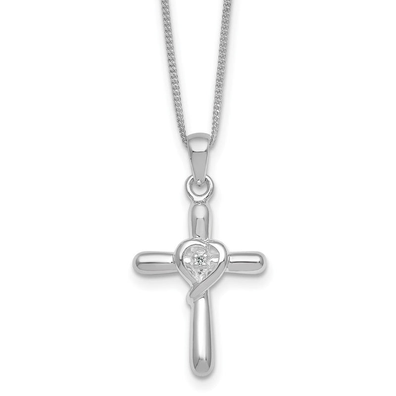 Sterlingsilber Rhodiniert Poliert Zirkonia Herz Kreuz 20 Zoll mit 3 Zoll Verlängerung Halskette
