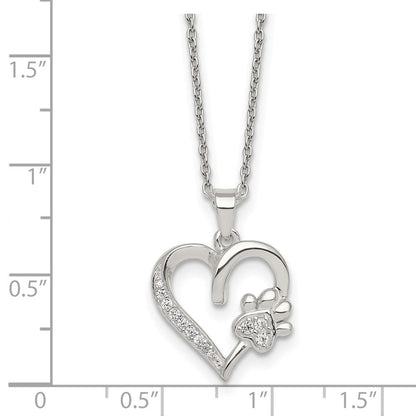 Sterlingsilber Poliert Zirkonia Herz und Paw Halskette