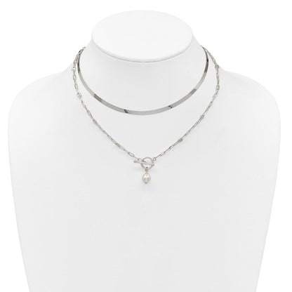 Sterlingsilber Poliert Kristall Perle 2 Strang mit 2 Zoll Verlängerung Choker Halskette