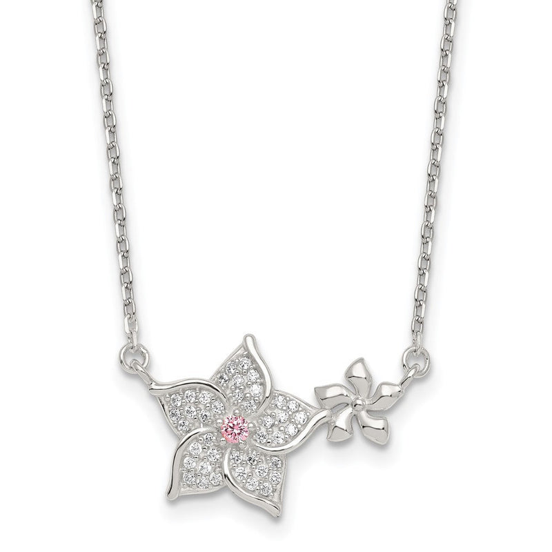 Sterlingsilber Rosa und Weiß Zirkonia Blume mit 2 Zoll Verlängerung Halskette