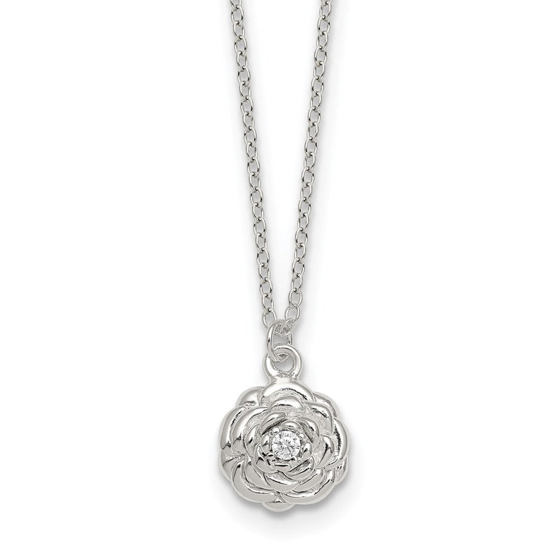 Sterlingsilber Poliert Zirkonia Blume 16 Zoll mit 2 Zoll Verlängerung Halskette