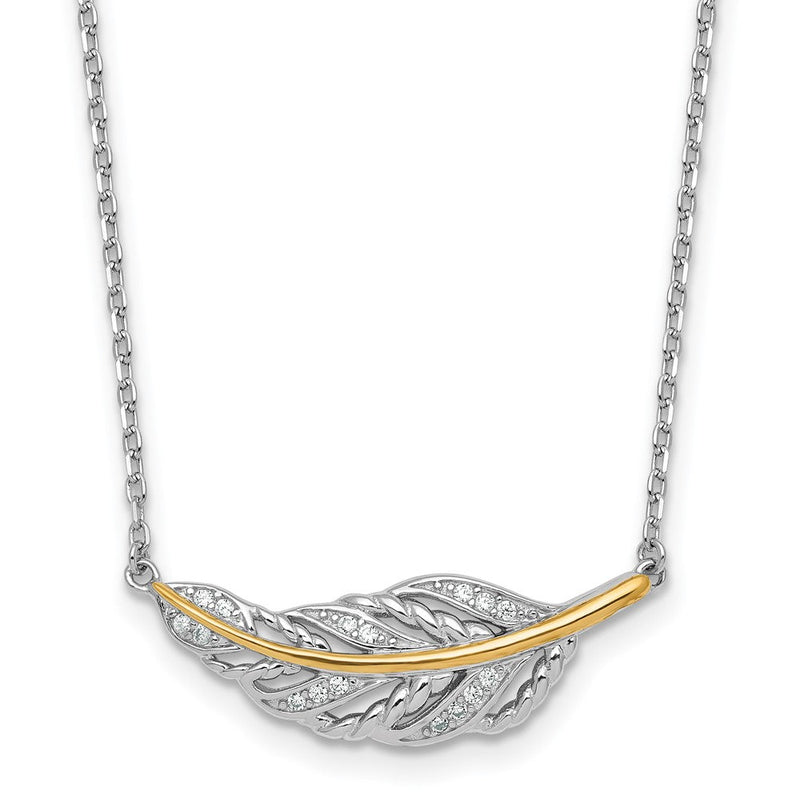 Sterlingsilber Rhodiniert-pl mit Silber/14K Bicolor Akzente Poliert Zirkonia Feder mit 2 Zoll Verlängerung Halskette