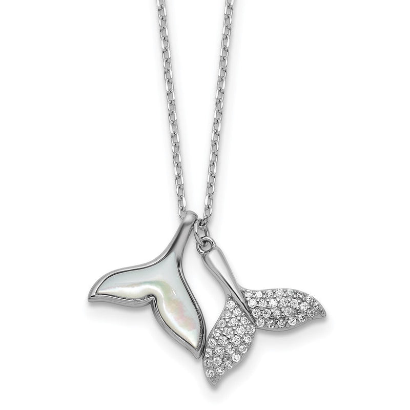 Sterlingsilber Rhodiniert Perlmutt und Zirkonia Wal Tails 16 Zoll mit 2 Zoll Verlängerung Halskette