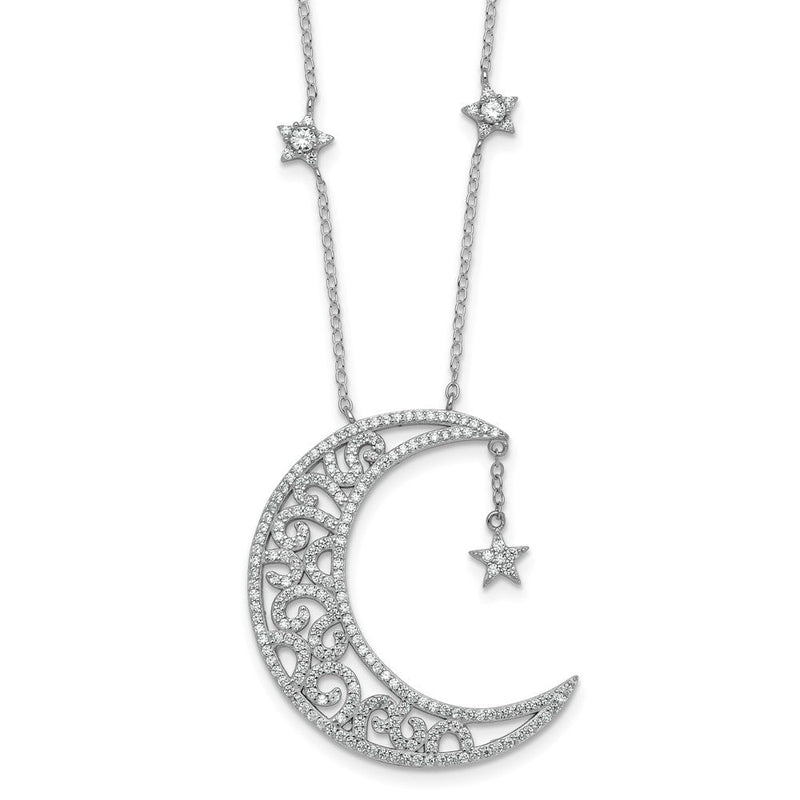 Sterlingsilber Rhodiniert Poliert Zirkonia Mond und Sterne 18 Zoll Halskette