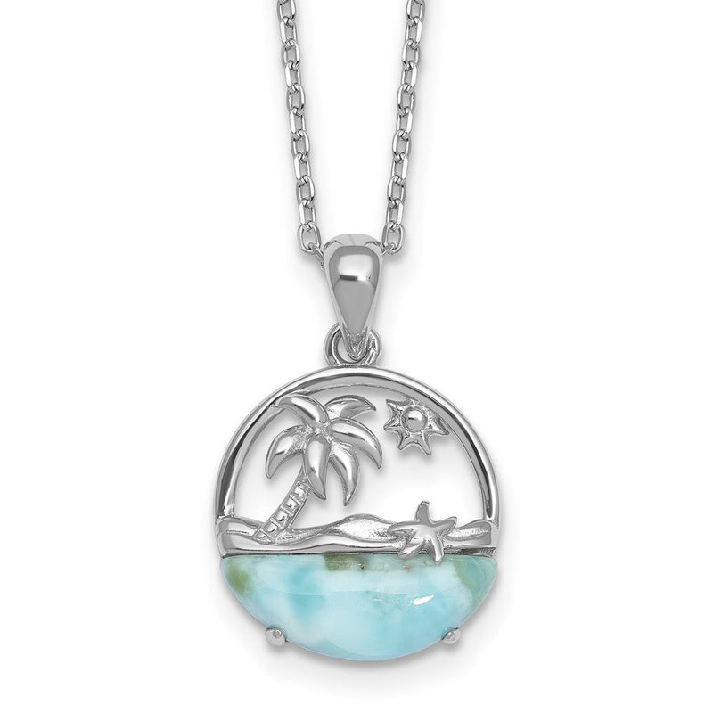 Sterlingsilber Rhodiniert Larimar Beach Scene 16 Zoll mit 1.75 Zoll Verlängerung Halskette
