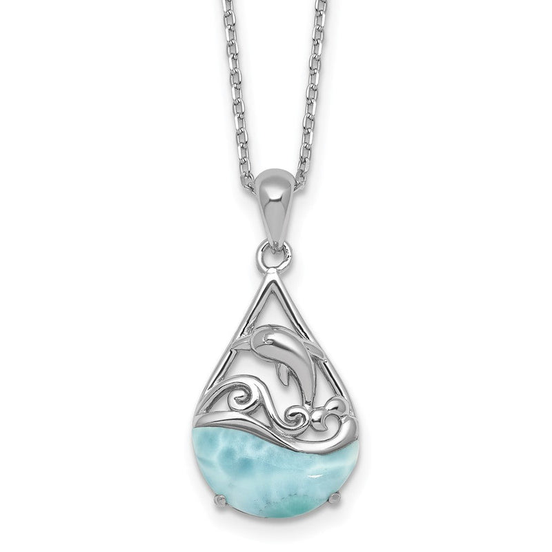 Sterlingsilber Rhodiniert Larimar Delfin Tropfen 16 Zoll mit 2 Zoll Verlängerung Halskette
