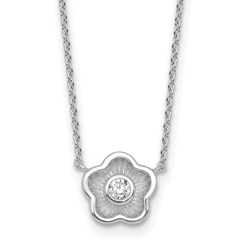 Sterlingsilber Rhodiniert Poliert Strukturiert Zirkonia Blume 18 Zoll Halskette