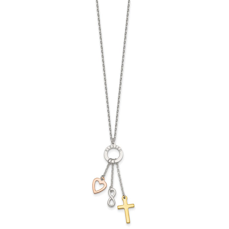Sterlingsilber Gold und Roséfarben Herz Unendlichkeit und Kreuz Gesegnet Halskette