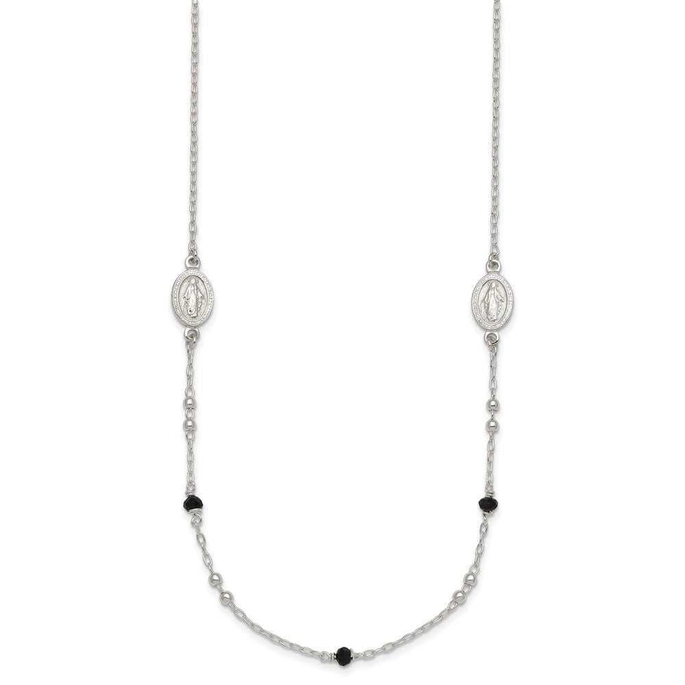 Sterlingsilber Strukturiert Schwarz Glas Perlen Wundertätig Medaille Halskette