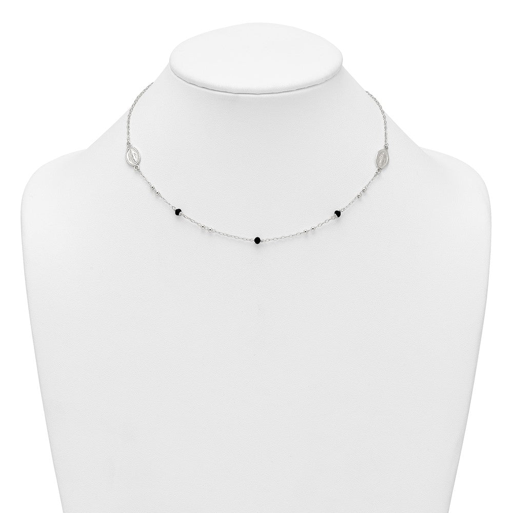 Sterlingsilber Strukturiert Schwarz Glas Perlen Wundertätig Medaille Halskette