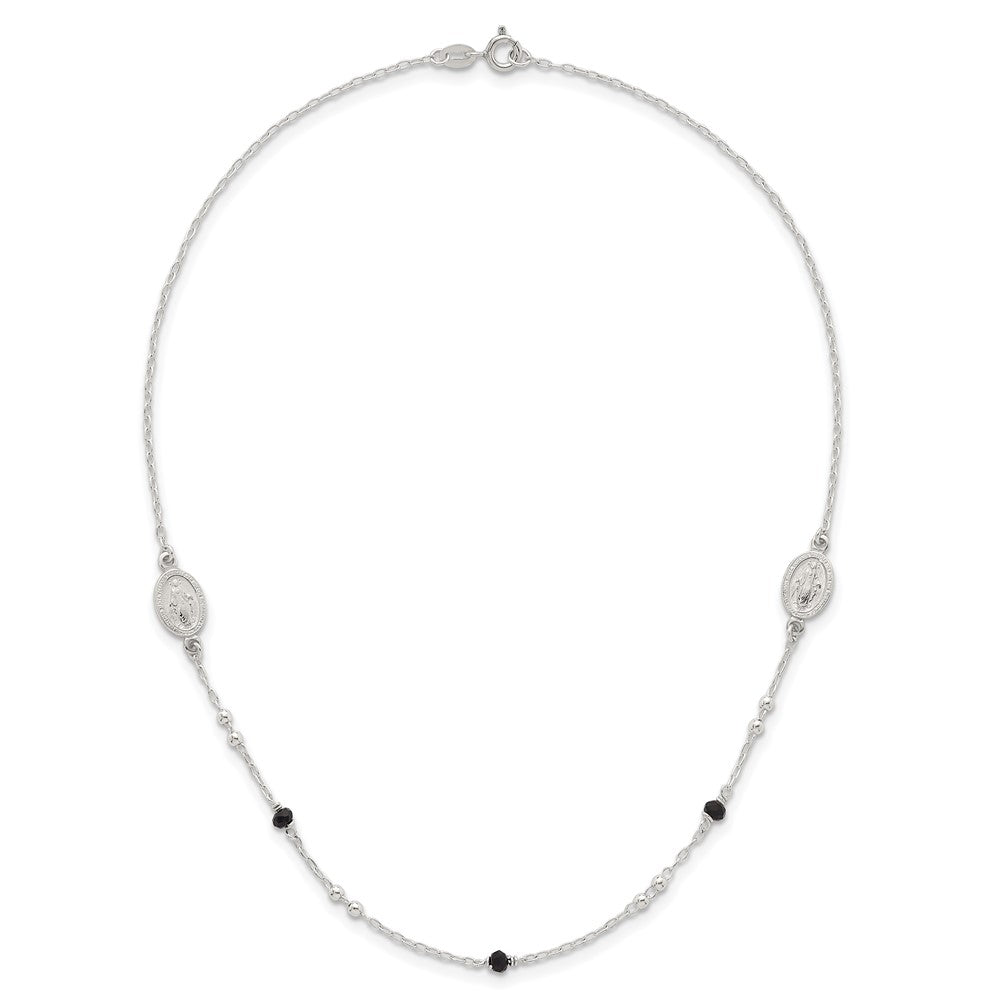 Sterlingsilber Strukturiert Schwarz Glas Perlen Wundertätig Medaille Halskette