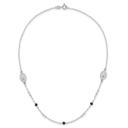 Sterlingsilber Strukturiert Schwarz Glas Perlen Wundertätig Medaille Halskette