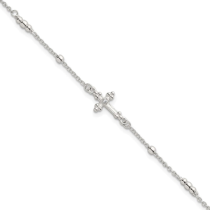 Sterlingsilber Poliert und Gekugelt Zirkonia Kreuz mit 1 Zoll Verlängerung Armband