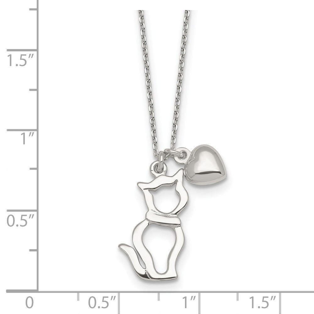 Sterlingsilber Poliert Katze Silhouette und Herz Halskette
