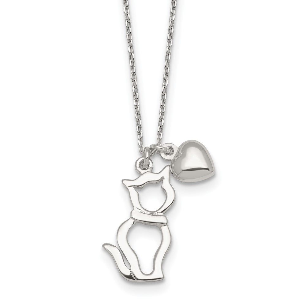 Sterlingsilber Poliert Katze Silhouette und Herz Halskette