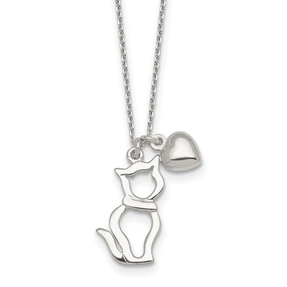 Sterlingsilber Poliert Katze Silhouette und Herz Halskette