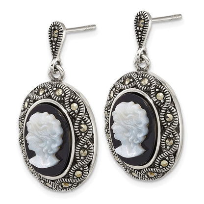 Sterlingsilber Antikisiert Markasit Schwarz Achat und Perlmutt Cameo Ohrringe